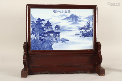 Large Chinese Blue & White Porcelain Table Screen,