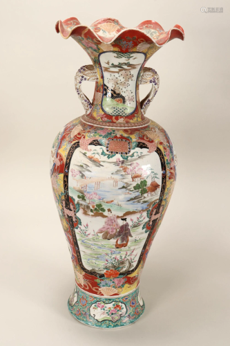 Large Japanese Meiji Period Twin Handled Vase,