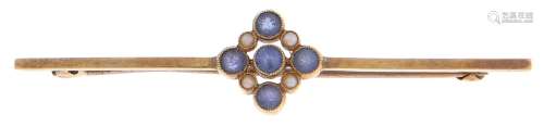 A sapphire and split pearl bar brooch, in gold, 60mm, marks ...