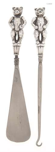 An Edwardian teddy bear novelty silver handled shoe horn and...