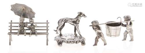 A Continental miniature silver model of a greyhound, 36mm h,...