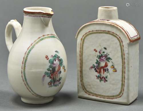 A Chinese export porcelain tea caddy and milk jug, c1780, en...