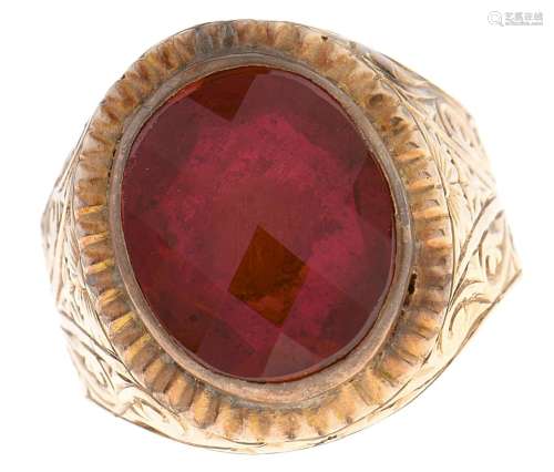A synthetic ruby ring, engraved and fluted gold band, 6.5g, ...