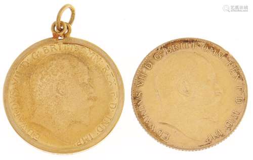 Gold coins. Half sovereign 1906 and 1908, one in 9ct gold mo...