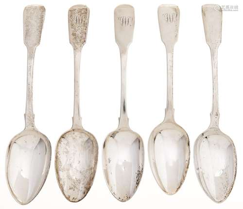 Five silver tablespoons, George IV-early Victorian, Fiddle p...