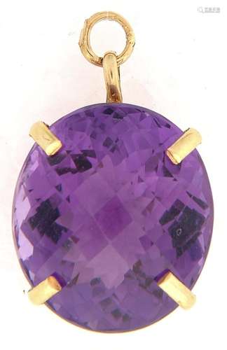 A cushion shaped amethyst pendant, in gold, 17 x 20mm, 7.6g ...