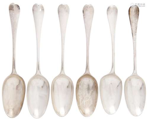 Six George II/III silver tablespoons, marks rubbed, London 1...