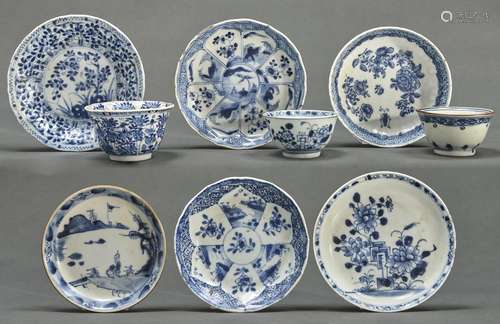 Two Chinese export porcelain blue and white tea bowls and sa...