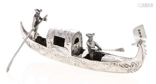 A German miniature silver model of a Venetian gondola and tw...