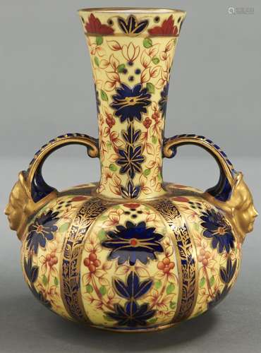 A Crown Derby yellow ground Imari pattern vase, c1885, 14.5c...