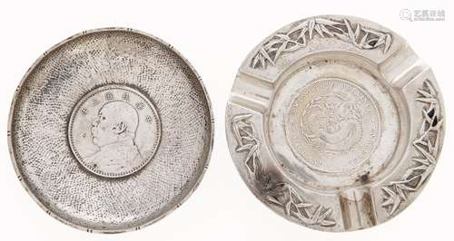 Two Chinese silver ashtrays, each inset with a contemporary ...