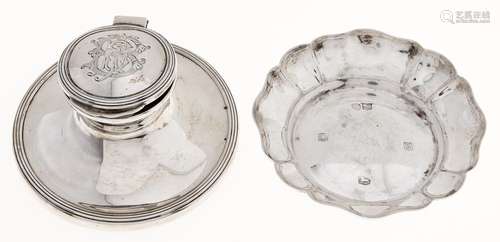 A George V silver capstan inkwell, 11cm diam, marks rubbed, ...