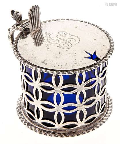 An Edwardian diaper pierced silver mustard pot, with grotesq...