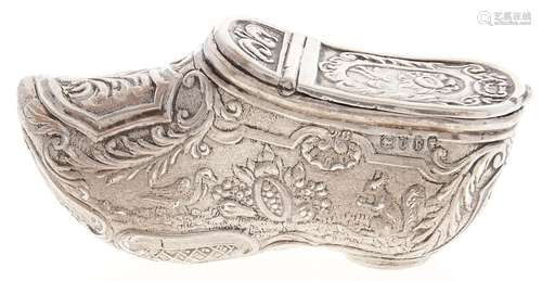 A Dutch silver clog novelty snuff box, 70mm l, bearing spuri...