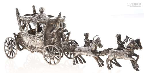 A German silver model of a coach and four, 21cm l, Hanau pse...