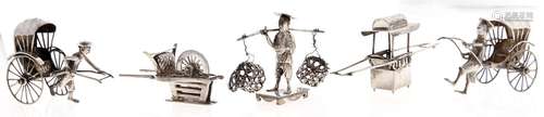 Five Chinese miniature silver models of rickshaws, a palanqu...