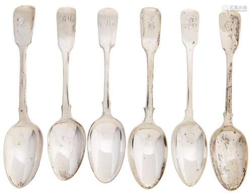 Five silver dessert spoons, George IV - early Victorian, Fid...