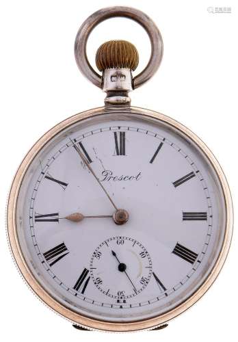 An English silver keyless lever watch, Prescot, with three q...