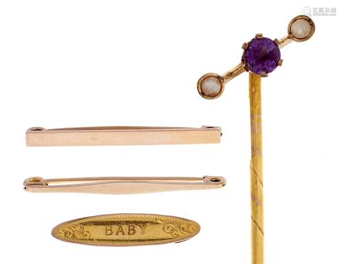 A gold stick pin with amethyst and split pearl terminal, c19...