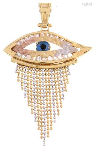 An Egyptian three colour gold and enamel eye of Horus pendan...