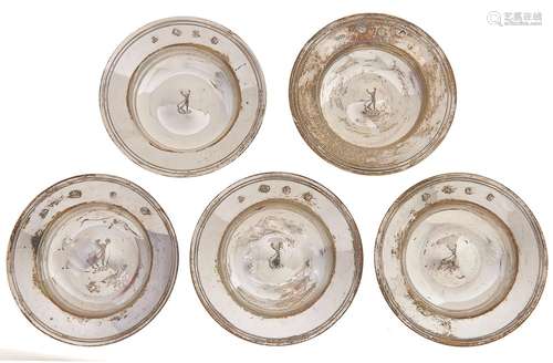 Five Elizabeth II silver armada dishes, crested, 95mm, by va...