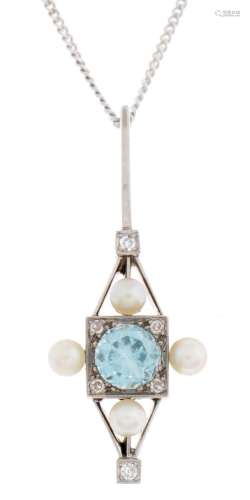 An aquamarine, diamond and cultured pearl pendant, millegrai...