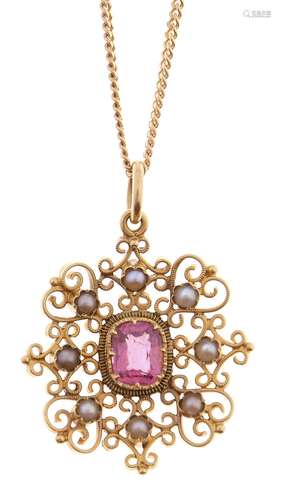 A pink tourmaline and pearl pendant, late 19th c, in gold, w...