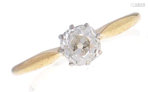 A diamond solitaire ring, the cushion shaped old cut diamond...