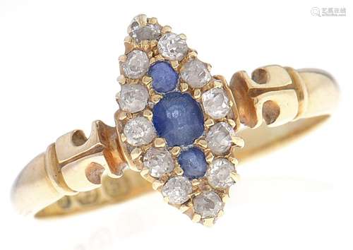 A Victorian sapphire and diamond marquise cluster ring, in 1...