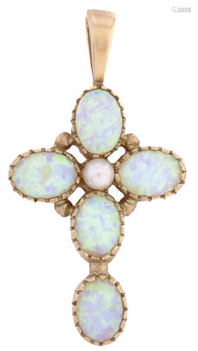 An opal cross, with cultured pearl centre, in 9ct gold, 36mm...