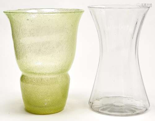An English green glass vase, of cratered texture, early 20th...