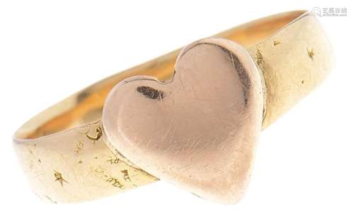 An 18ct gold wedding band, with later associated gold heart,...