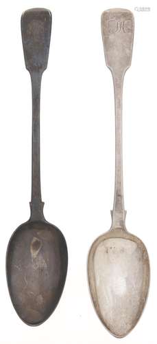 Two George IV and William IV silver basting spoons, Fiddle p...