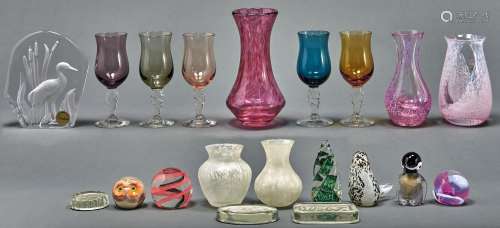 Miscellaneous ornamental coloured glassware, to include pape...