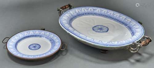 A tinplate or copper mounted blue printed earthenware Honeys...