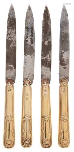 A set of three French silver gilt hafted table knives, maker...