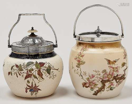An EPNS mounted J Dimmock & Co earthenware biscuit barrel an...