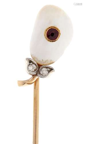 A gold stickpin, with ruby, diamond and baroque pearl termin...