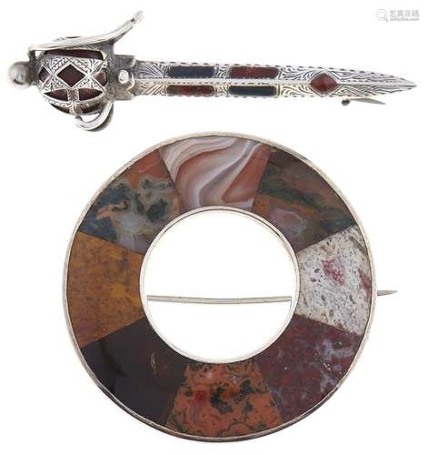 Scottish jewellery. A silver and hardstone inset claymore br...