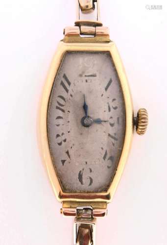 An 18ct gold tonneau wristwatch, 27mm, import marked London ...