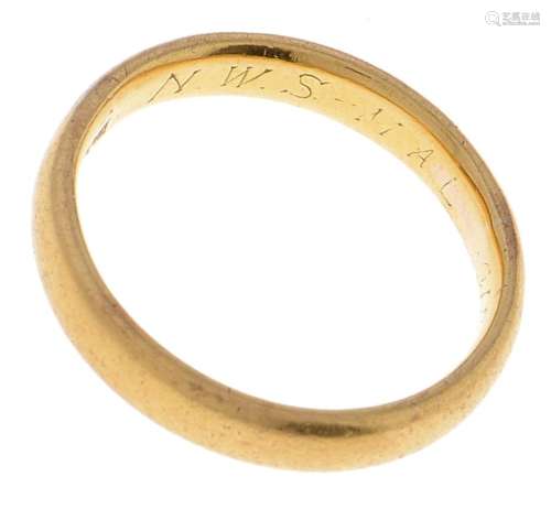 A gold wedding ring, marked 22ct, size Q, 6g Slight wear con...