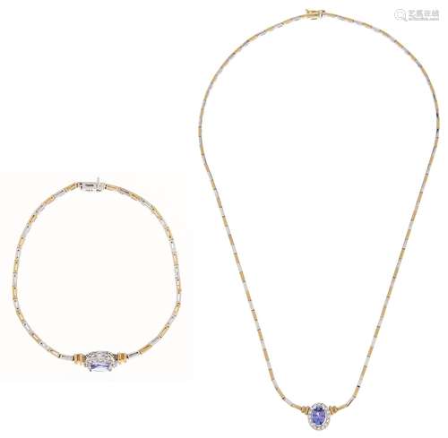 A tanzanite and diamond necklet and matching bracelet, in tw...