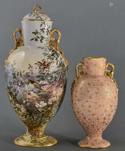 A Copeland earthenware vase and cover, c1885, with gilt ribb...