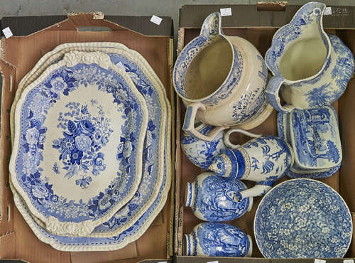 Two late 19th c Spode of blue and white meat plates, transfe...