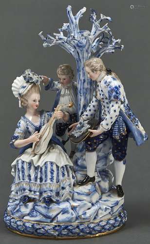 A Meissen group of gardeners, late 19th c, painted in cobalt...