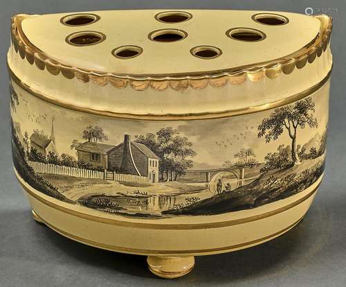 A Staffordshire drabware bough pot and cover, c1820, painted...