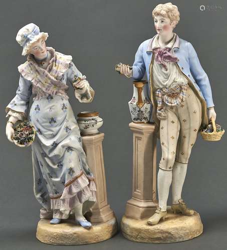 A pair of French biscuit figures of a gardener and his compa...