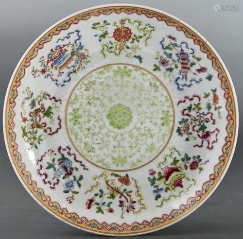 A Chinese famille rose saucer-dish, painted in green monochr...