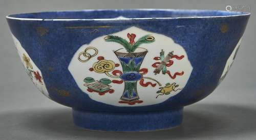 A Chinese powder blue ground famille verte bowl, Qing dynast...