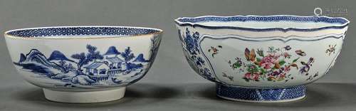 A Chinese moulded blue and white and famille rose punch bowl...